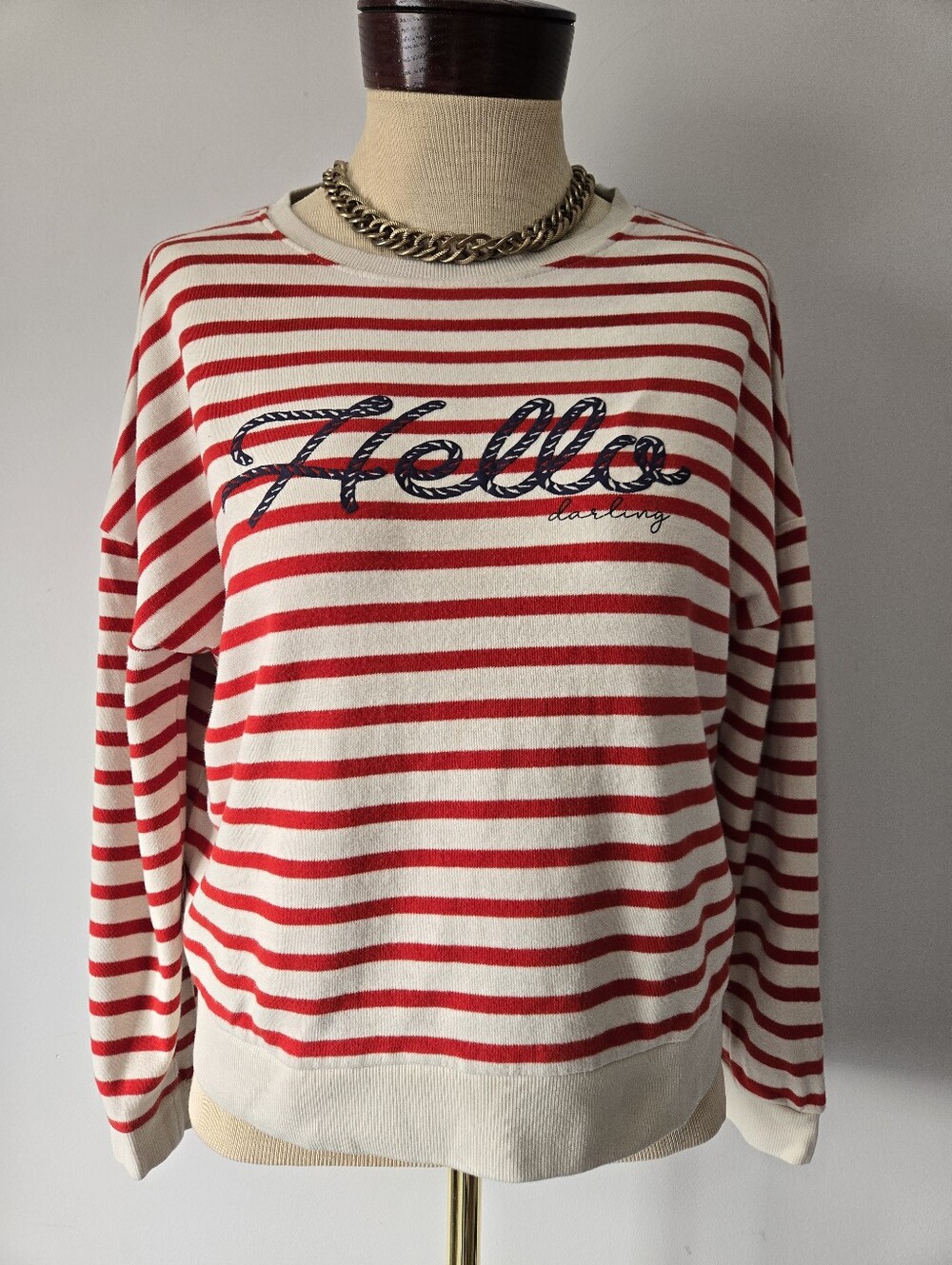 Encuentro Striped 'Hello Darling'  Nautical Sweatshirt in Red and Cream. Size S